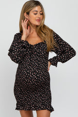 Black Floral Long Sleeve Smocked Maternity Mini Dress