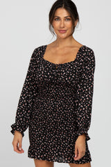 Black Floral Long Sleeve Smocked Maternity Mini Dress