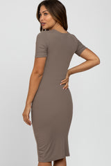 Taupe Ribbed Short Sleeve Fitted Maternity Dress