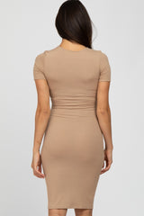 Beige Ribbed Short Sleeve Fitted Dress