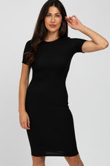 Black Ribbed Short Sleeve Fitted Dress