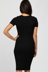 Black Ribbed Short Sleeve Fitted Dress