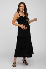 Black Ruffle Accent Maternity Midi Dress