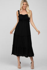 Black Ruffle Accent Midi Dress