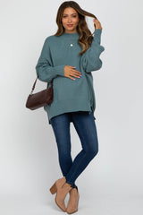 Light Teal Mock Neck Exposed Seam Maternity Sweater