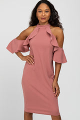 Mauve Mock Neck Ruffle Trim Fitted Maternity Dress