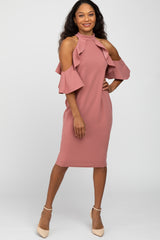 Mauve Mock Neck Ruffle Trim Fitted Maternity Dress