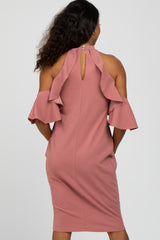 Mauve Mock Neck Ruffle Trim Fitted Maternity Dress