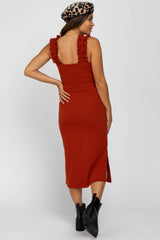 Rust Sleeveless Ribbed Ruffle Strap Maternity Dress