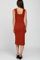 Rust Sleeveless Ribbed Ruffle Strap Dress