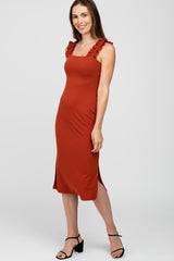 Rust Sleeveless Ribbed Ruffle Strap Dress