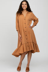 Camel Button Down Hi-Low Maternity Midi Dress