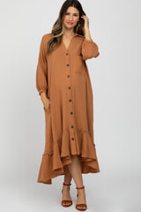 Camel Button Down Hi-Low Maternity Midi Dress