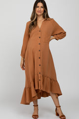 Camel Button Down Hi-Low Maternity Midi Dress