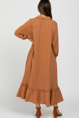 Camel Button Down Hi-Low Maternity Midi Dress