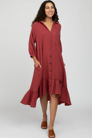 Rust Button Down Hi-Low Midi Dress