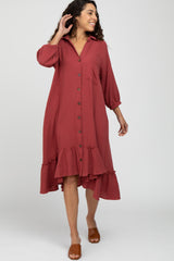 Rust Button Down Hi-Low Midi Dress