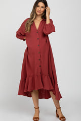 Rust Button Down Hi-Low Maternity Midi Dress