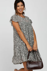 Grey Floral Chiffon Tiered Maternity Dress