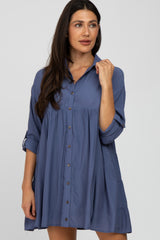 Blue Button Front Collared Dress