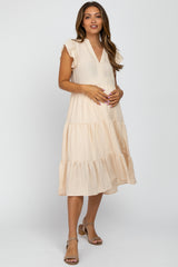 Cream Tiered Ruffle Sleeve Maternity Midi Dress