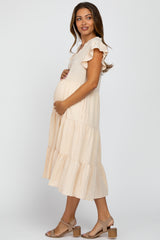 Cream Tiered Ruffle Sleeve Maternity Midi Dress