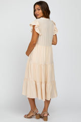 Cream Tiered Ruffle Sleeve Maternity Midi Dress