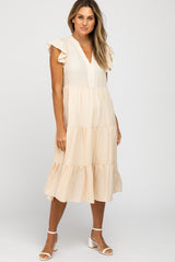 Cream Tiered Ruffle Sleeve Maternity Midi Dress