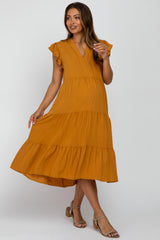 Camel Tiered Ruffle Sleeve Maternity Midi Dress