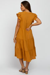 Camel Tiered Ruffle Sleeve Maternity Midi Dress