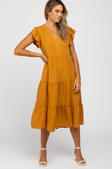 Camel Tiered Ruffle Sleeve Maternity Midi Dress