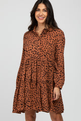 Rust Animal Print Collared Button Front Maternity Dress