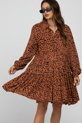 Rust Animal Print Collared Button Front Maternity Dress