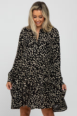 Black Animal Print Collared Button Front Maternity Dress