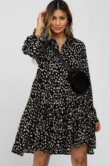 Black Animal Print Collared Button Front Maternity Dress