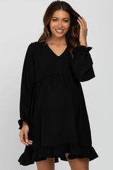 Black Ruffle Trim Long Sleeve Maternity Dress