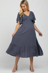 Charcoal Smocked Ruffle Maternity Dress