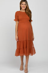 Rust Swiss Dot Smocked Maternity Midi Dress