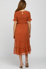 Rust Swiss Dot Smocked Maternity Midi Dress