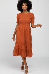 Rust Swiss Dot Smocked Maternity Midi Dress