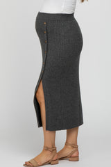 Charcoal Ribbed Button Front Side Slit Maternity Midi Skirt