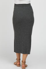 Charcoal Ribbed Button Front Side Slit Maternity Midi Skirt