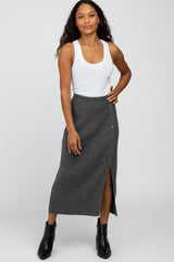 Charcoal Ribbed Button Front Side Slit Maternity Midi Skirt