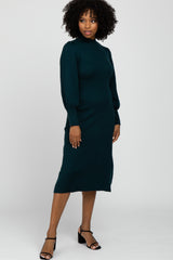 Forest Green Ribbed Mock Neck Bubble Sleeve Maternity Midi Dress