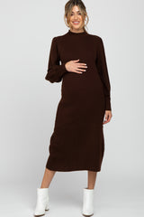 Brown Ribbed Mock Neck Bubble Sleeve Maternity Midi Dress