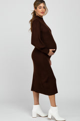 Brown Ribbed Mock Neck Bubble Sleeve Maternity Midi Dress