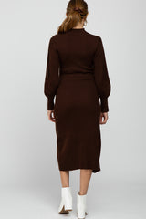 Brown Ribbed Mock Neck Bubble Sleeve Maternity Midi Dress