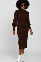 Brown Ribbed Mock Neck Bubble Sleeve Maternity Midi Dress