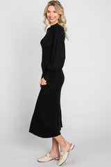 Black Ribbed Mock Neck Bubble Sleeve Midi Dress