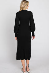 Black Ribbed Mock Neck Bubble Sleeve Midi Dress